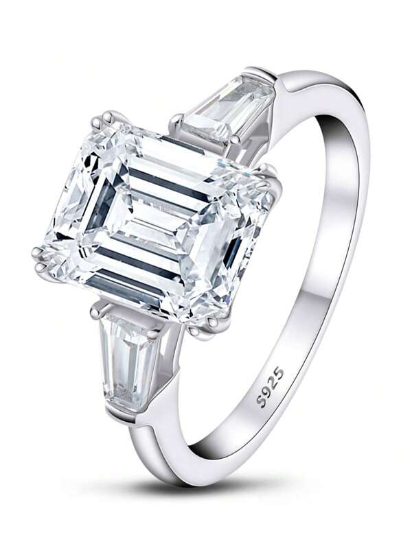 1pc Three Stone 3.0ct Emerald Cut Engagement Rings For Women Cubic Zirconia 925 Sterling Silver Double Prong 10x8mm CZ Anniversary Wedding Band Ring Party Birthday Jewelry Gifts For Her Bridal Jewelry