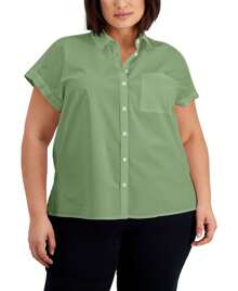 Style & Co Plus Size Cotton Camp Shirt - Green - View 1