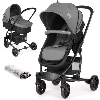 Pram Pushchair Travel System Stroller Foldable Lightweight With Rain Cover And Footmuff, Carrycot, Convertible To Reversible Seat, Lying Position, Lying Function, From Birth To 3 Years, Grey
