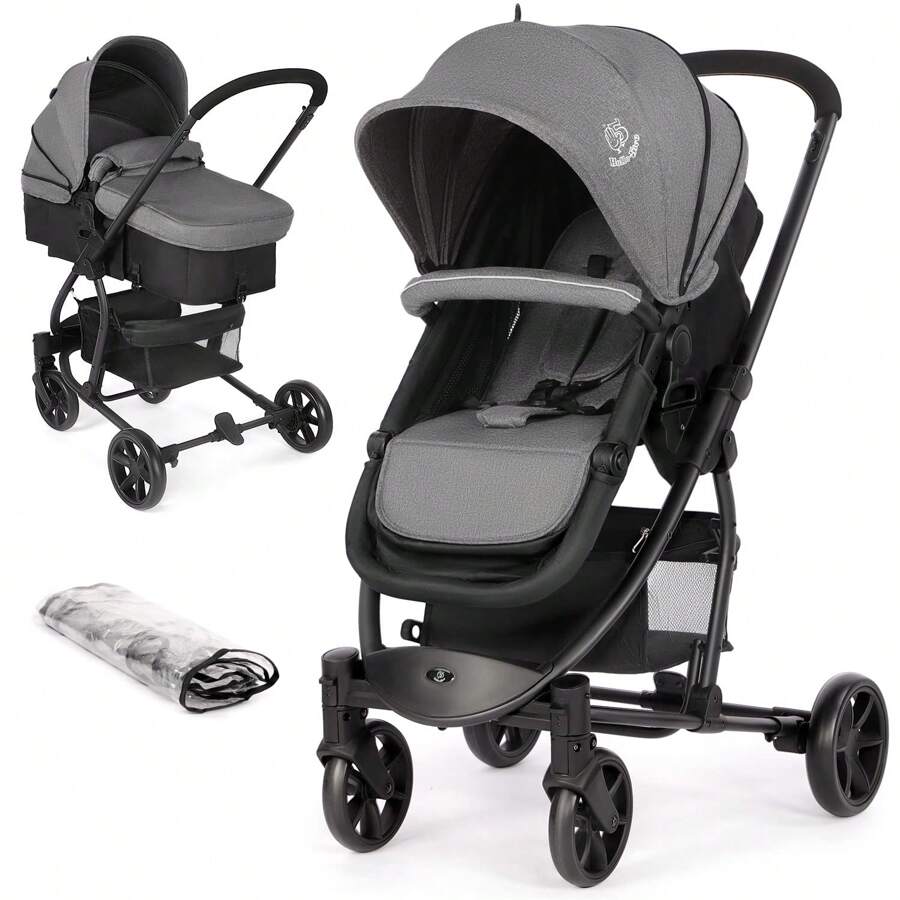 Pram Pushchair Travel System Stroller Foldable Lightweight With Rain Cover And Footmuff, Carrycot, Convertible To Reversible Seat, Lying Position, Lying Function, From Birth To 3 Years, Grey - Dark Grey - View 1
