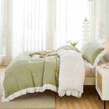 Ruffle Lace Duvet Cover Sets Green White Bedding Set For Women 3 Pieces Double King Size Soft Breathable Microfiber Duvet Cover 200 X 200 Cm 220 X 230 Cm