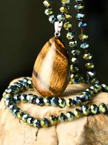 天然虎眼石吊坠长项链，手工多面打结水晶珠水滴项链（天然石颜色随机） - 彩色 - 查看 6