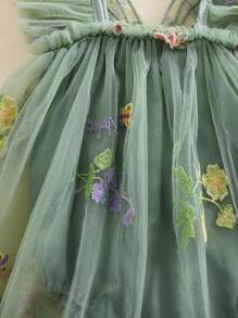 Infant Baby Girl Princess Romper Dress Mesh Flower Butterfly Embroidery Sleeveless Square Neck Adorable Cute Jumpsuit Mesh Tulle Tutu Dress Ruffle Hem Bodysuit Playsuit Summer Newborn Baby Girl Clothes Outfit - 綠色 - 查看 6