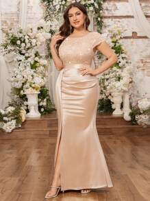 Đầm dạ hội dài size lớn, phối ren hoa đính sequin, nhún xếp nếp, rủ, xẻ đùi, gấu đùi, chất liệu satin, phong cách trang trọng, váy dự tiệc tối, váy khách mời đám cưới, cho lễ tốt nghiệp - Rượu sâm banh - Xem 7