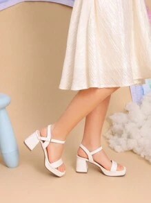 Girls Sandals Open Toe Low Block Chunky Heels Sandals Party Dress Pumps Shoes For Little Big Kid - White - View 2