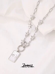 1 Stück modische Edelstahl quadratische Stern Mond Charm-Halskette für Frauen, geometrische Kette Halskette für Frauen Schmuck, bestes Freundinnen Geschenk
