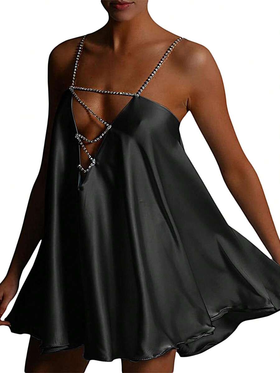 Womens Casual Chain Suspender Short Dress Fashion Solid Color Hollow V-Neck A-Line Dress - Black - View 1