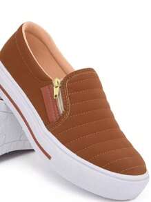 Women's Slip On Sneakers Casual Fashion Look Comfortable With Zipper - 駝色 - 查看 2