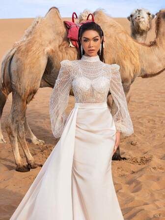 Vestido formal elegante y precioso con cuello alto, mangas largas, bodice con cuentas y borde de cola de sirena, para fiesta, evento nocturno o vestido de invitada de boda