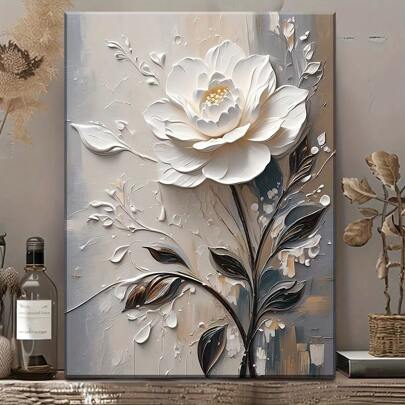 1 peça Chic 3D Floral Canvas Art, Flores em relevo, Textura espessa, Decoração de parede emoldurada