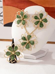 Set de 4 piezas de collar, aretes y anillo con diseño de flor hueco de metal esmaltado en estilo bohemio elegante y de moda, adecuado para uso diario y de fiesta de mujeres, diseño de flor aleatorio - Verde - Ver 15