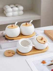 1 Set Ceramic Kitchen Storage Jars With Bamboo Wood Tray & Ceramic Spoon, Scandinavian Minimalist Japanese Style Creative Textured Dinnerware, Kitchen Storage Canisters, Diamond, Wavy, Bird Nest Pattern, Hotel Restaurant Home Kitchen Essentials, Round Bamboo Wood Lid Spice, Pepper, Salt, Sugar Seasoning Storage Jars