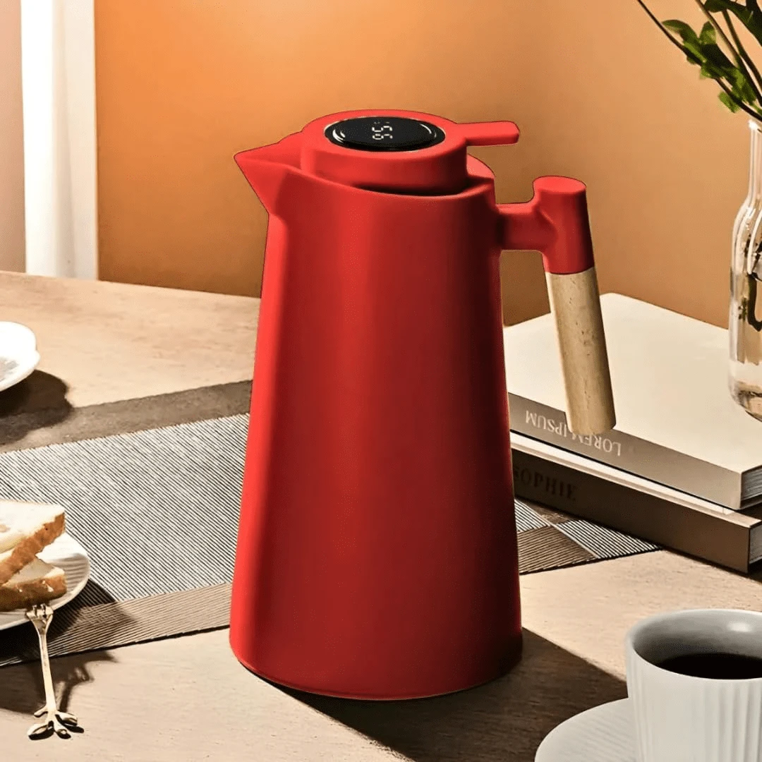 Nordic Thermal Bottle 1L Coffee Tea Wooden Handle Luxury - 紅色 - 查看 1