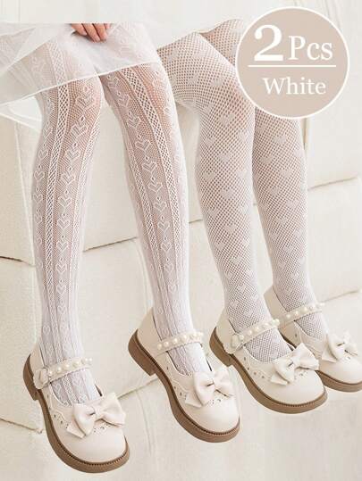 2pcs Girls' Lightweight Hollow Out Pantyhose, Thin Mesh Stockings, Spring/Summer