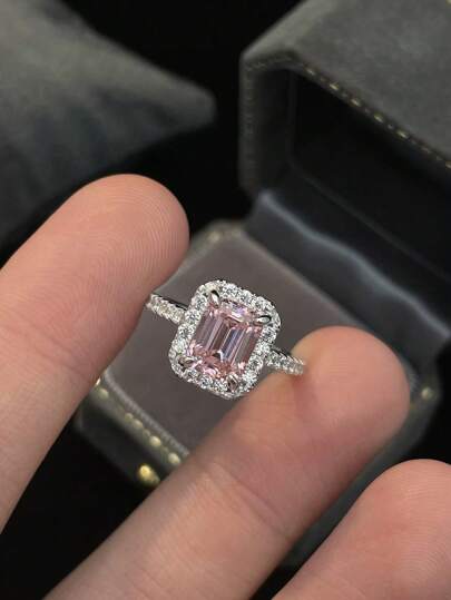 1 pieza Anillo cuadrado hueco de circonita cúbica rosa de moda, anillo de compromiso/boda de plata de ley 925 para mujer, joyería exquisita, regalo de aniversario/novia