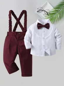 BOARNSEORL 2pcs Baby Boys Gentleman Outfit, Long Sleeve Shirt With Bow Tie And Suspender Pants, Fashionable, Suitable For Wedding, Party, Birthday, Anniversary - Burgundy - View 2