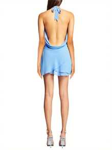 Vestido corto de tirantes de verano para mujer de unicolor sin mangas con cuello colgante y espalda descubierta - Azul - Ver 3