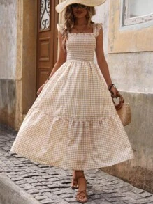 HERTALK Women's Dress V-Neck Printed Sleeveless Dress Plaid Dress Flowage Fold Long Dress Pleated Plaid Formal Wear Dress,White Elegant Dress,2025 Dresses For Women Midi