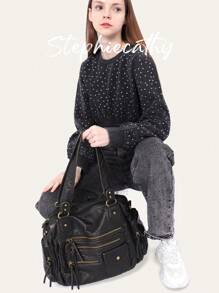 STEPHIECATHY Solid Color Washed PU Leather, Zipper Closure, Multi-Pocket Design, Women's Shoulder Crossbody Bag, Casual & Practical, Suitable For Daily Life - Black - View 3