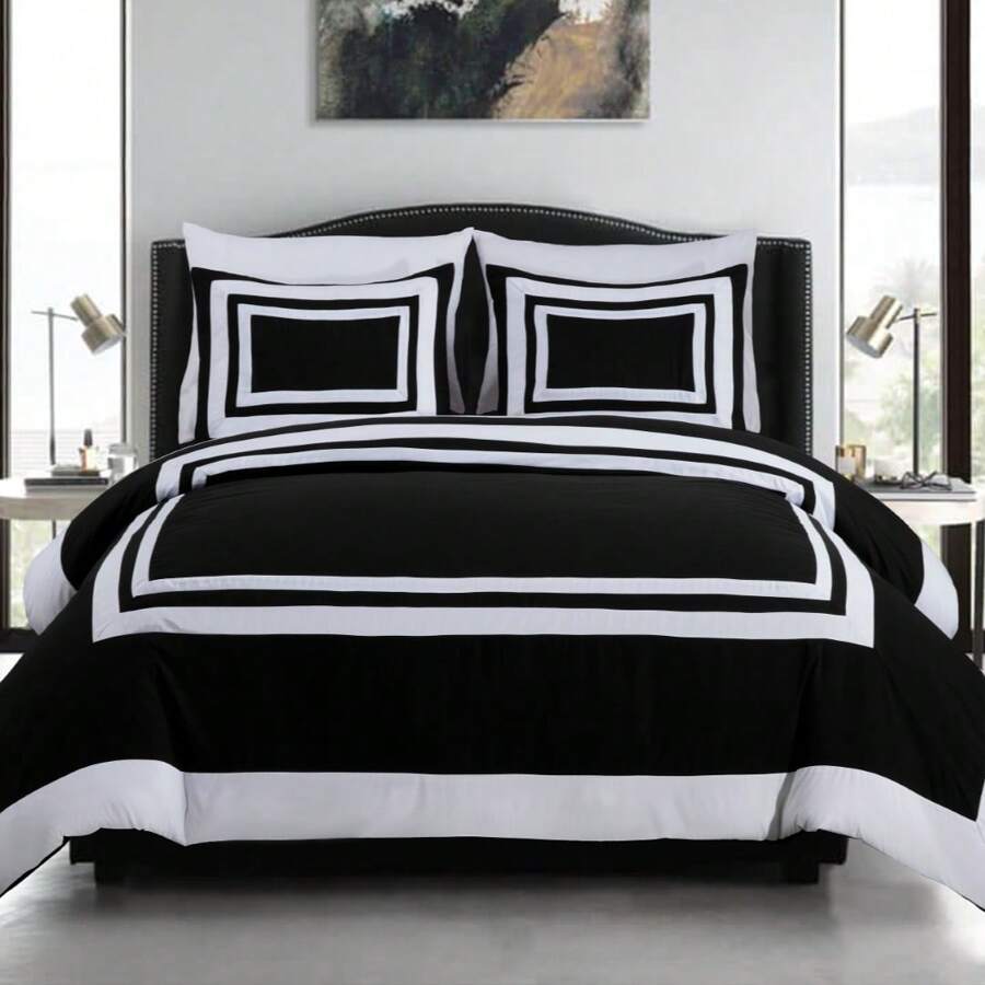Wyatt 7-Piece Square Pattern Hotel Style Bed In A Bag Comforter Set With Bed Sheets - Black/White - View 1