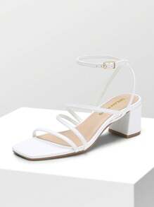 Womens Block Heels Thin Strap Square Open Toe Dressy Chunky Low Heeled Sandals For Party Wedding Evening - 白色 - 查看 1