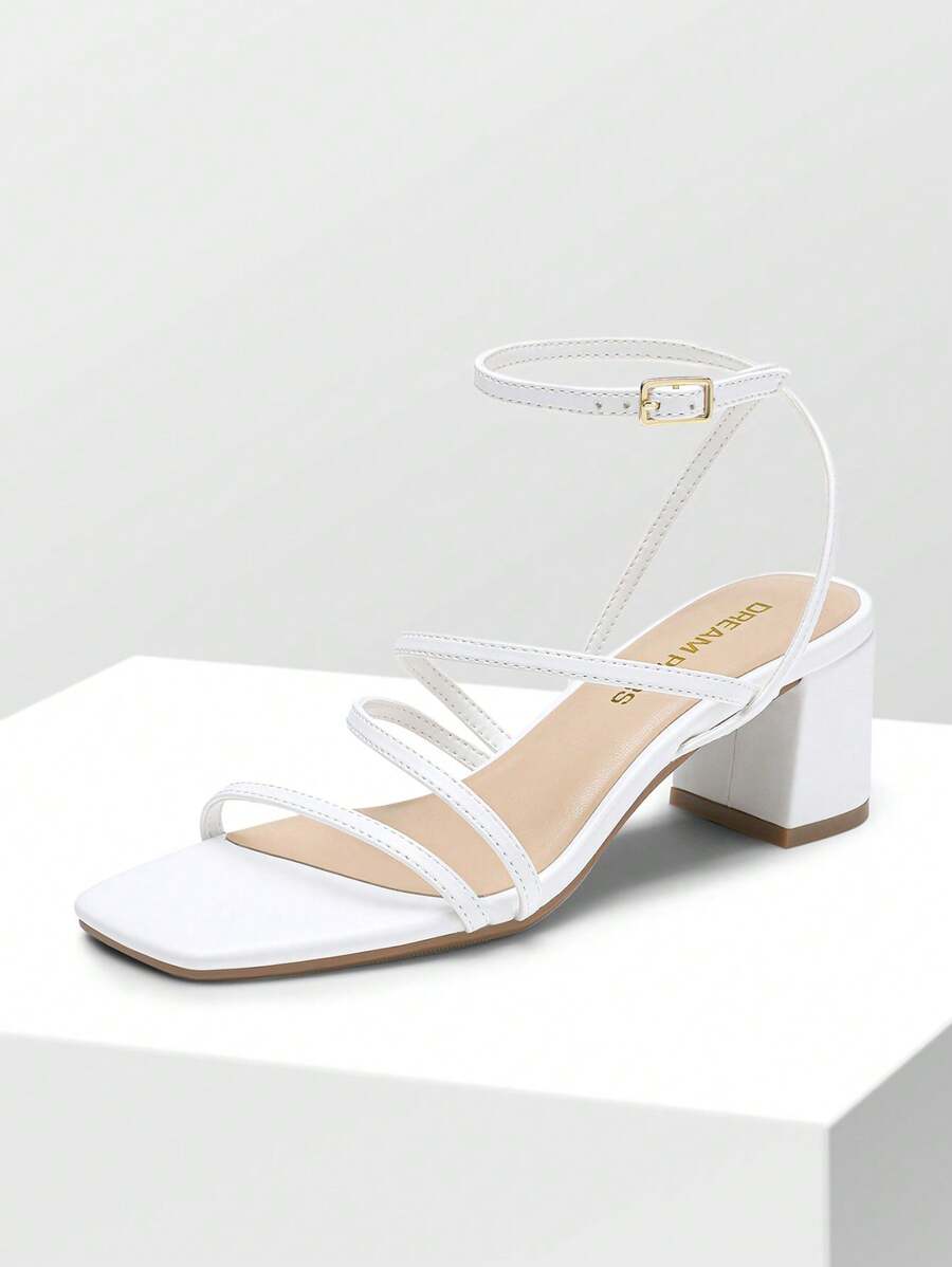 Womens Block Heels Thin Strap Square Open Toe Dressy Chunky Low Heeled Sandals For Party Wedding Evening - 白色 - 查看 1
