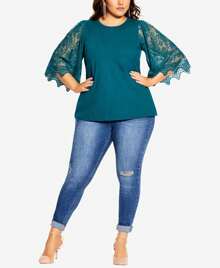 City Chic Plus Size Embroidered Sheer Sleeve Angel Top - 彩色 - 查看 2