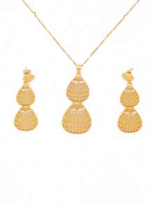 镀金婚礼首饰套装女士非洲/新娘派对礼物项链吊坠耳环珠宝首饰套装 - 金色 - 查看 4