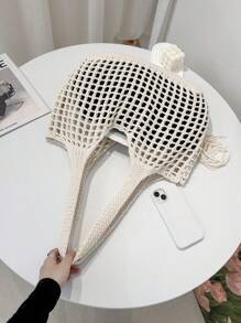 ENBEI Large Capacity Hollow Handmade Woven Tote Bag, Perfect For Women's Holiday Outfits, Hollow Crochet Bag, Large Capacity Shopping Bag, Minimalist Tassel Design, Outdoor Travel Portable Handbag, Beach Bag, Holiday Essential, Suitable For Teenagers, Female Students, Female Teachers, College Students, Mother's Day Gift - Beige - View 6