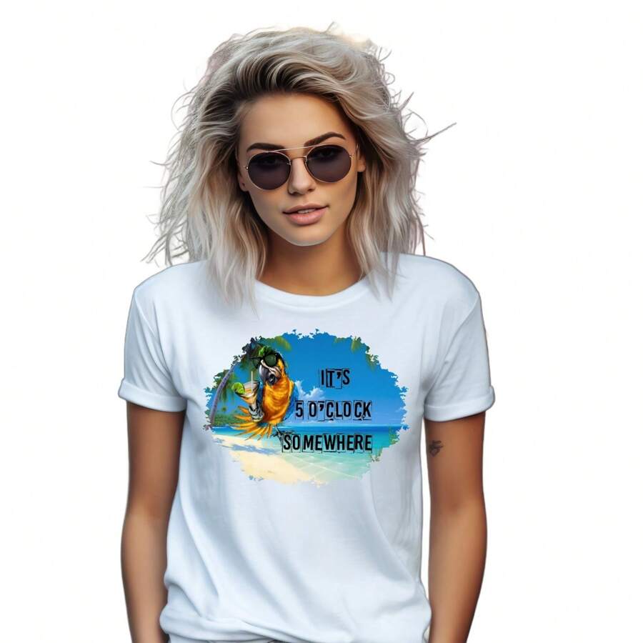 Jimmy Buffett Parrot Hawaiian T-Women Shirt,It'S 5 O'Clock Somewhere Hawaiian T-Women Shirt - White - View 1