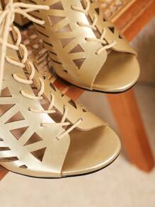 Wide Fit Women Gold Ankle Boots, New Fashion Versatile Spring/Summer Open Toe High Heel Lace-Up Hollow Sandals, Outdoor Comfortable Plus Size Thick Heel Breathable Short Boots