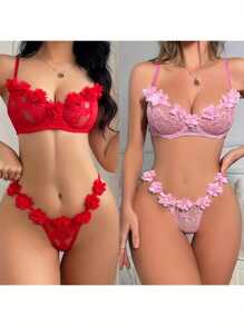 New Valentine's Day Lace Floral Lace Sexy Lingerie Set - 紅色 - 查看 2