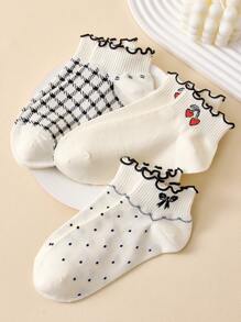 4 Pairs Black And White Women Ruffle Trim Ankle Socks With Patterns: Cherry, Bow, Stripe, Plaid, Heart, Elegant Socks Suitable For Spring And Summer - Multicolor - View 6