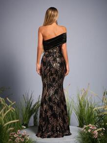 Mgiacy New ArrivalOne Shoulder Elegant Evening Gown Dress Ruched Sequin Mermaid Long Dress - Black - View 6