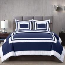 Wyatt 7-Piece Square Pattern Hotel Style Bed In A Bag Comforter Set With Bed Sheets - Navy/White - View 1