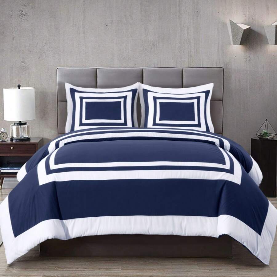 Wyatt 7-Piece Square Pattern Hotel Style Bed In A Bag Comforter Set With Bed Sheets - Navy/White - View 1