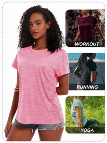 Women's Summer Crew Neck T-Shirts Short Sleeve Workout Athletic Hiking Tees Shirts Moisture Wicking Lightweight Shirts Gym Athletic Sports Tops, Pink - Pink - View 4