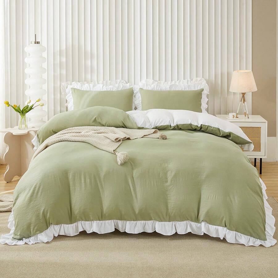Ruffle Lace Duvet Cover Sets Green White Bedding Set For Women 3 Pieces Double King Size Soft Breathable Microfiber Duvet Cover 200 X 200 Cm 220 X 230 Cm
