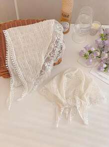 1件套蕾丝头巾，复古三角围巾，法式飘带发带，防晒发髻帽，丝巾，女士头巾帽，田园优雅发带，蕾丝边发饰，连衣裙配饰 - 米色 - 查看 7