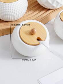 1 Set Ceramic Kitchen Storage Jars With Bamboo Wood Tray & Ceramic Spoon, Scandinavian Minimalist Japanese Style Creative Textured Dinnerware, Kitchen Storage Canisters, Diamond, Wavy, Bird Nest Pattern, Hotel Restaurant Home Kitchen Essentials, Round Bamboo Wood Lid Spice, Pepper, Salt, Sugar Seasoning Storage Jars
