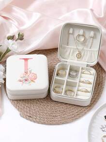 A-Z Floral Letter Pattern Travel Jewelry Box, Portable Zipper Travel Jewelry Storage Box, Gift Box For Women, PU Leather Waterproof Jewelry Box For Rings, Pendants, Earrings, Necklaces, Etc. - Gift Boxes For Girls And Women, Sun Travel Cool Back To School