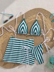 Nuevo conjunto de bikini sexy con tirantes tipo espagueti y espalda descubierta con falda envolvente, elegante traje de baño de playa de moda para damas en verano