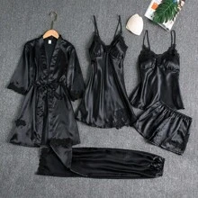 Conjunto de 5 piezas de seda helada para dormir - Negro - Ver 2