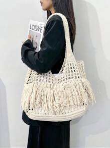 ENBEI Large Capacity Hollow Handmade Woven Tote Bag, Perfect For Women's Holiday Outfits, Hollow Crochet Bag, Large Capacity Shopping Bag, Minimalist Tassel Design, Outdoor Travel Portable Handbag, Beach Bag, Holiday Essential, Suitable For Teenagers, Female Students, Female Teachers, College Students, Mother's Day Gift - Beige - View 7