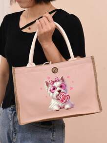 Bolso de lino con bloque de color + Bolsa pequeña con correa de mano, bolsa de almacenamiento, cartera, estampado lindo de perro, la primera opción de regalo para amantes de los perros, bolsa de compras de lino simple, bolsa reutilizable para compras de comestibles y bolsa de maquillaje, cartera, bolsa de regalo para vacaciones