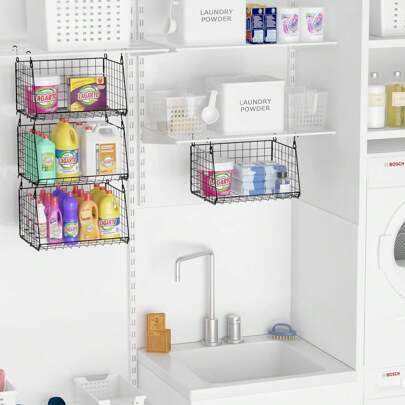 3-Pack Hanging Laundry Room Organizaton:Foldable Laundry Room Organizer Wire Shelf Basket With 360°Rotating Hooks Space Saving Over Washer And Dryer Shelves - Laundry Organization And Storage, Black