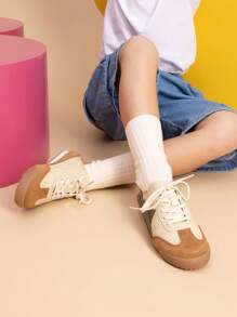 Boys Girls Sneakers Retro Slip-On Lace Up Classic Casual Tennis Lightweight Breathable Walking Shoes For Little/Big Kid - 棕色 - 查看 2