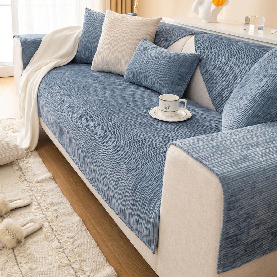 Soft Chenille Sofa Couch Cover Mat Striped Weave Textured Sectional Slipcovers With Non-Slip Back Anti Scratch Pet Couch Protector Sofa Armrest Cover Backrest Cover Seat Cover Machine Washable 1 Piece For Living Room Home Decoration - Màu xanh lam - Xem 1