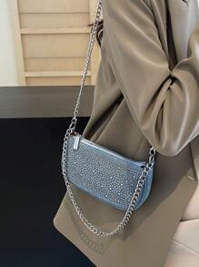 全新时尚百搭牛仔水钻装饰方形斜挎包带链条肩带女士日常通勤单肩包节日礼物 - 藍色 - 查看 4