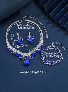 4pcs Set Crystal Water Drop Shaped Rhinestone Necklace, Bracelet & Earing Jewelry Set, European Style